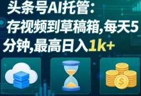 头条号AI托管，我存视频到你草稿箱，每天5分钟，最高日入1k+【揭秘】