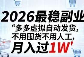 2026最稳副业：多多虚拟自动发货，不用囤货不用人工，月入过1W【揭秘】