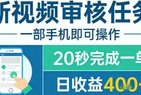 新视频审核任务，一部手机即可操作，20秒完成一单，日收益4张+【揭秘】