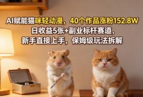 AI赋能猫咪轻动漫，40个作品涨粉152.8W，日收益5张+副业标杆赛道，新手直接上手，保姆级玩法拆解