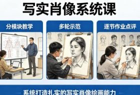 写实肖像系统课，全程分模块教学+多轮示范+逐节作业点评，系统打造扎实的写实肖像绘画能力