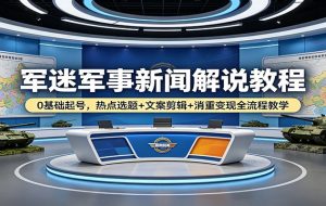 军迷军事新闻解说教程：0基础起号，热点选题+文案剪辑+消重变现全流程教学