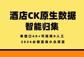 酒店CK原生数据智能归集，单窗口60+可矩阵0人工，2026必做蓝海小众项目【揭秘】