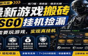 最新游戏搬砖CSGO纯挂机，真挂机月入1W+，五一小高峰上车可吃肉，手机即可操作