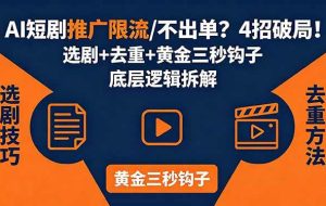 （18253期）AI短剧推广总被限流、不出单？4招选剧+去重技巧+黄金三秒钩子，手把手拆解底层逻辑