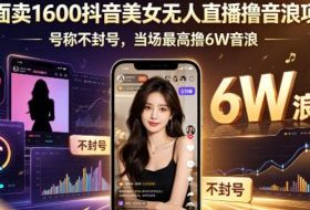 外面卖1600抖音美女无人直播撸音浪项目，号称不封号，当场最高撸6W音浪！【附详细教程】