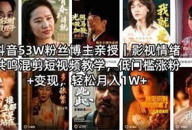 抖音53W粉丝博主亲授｜影视情绪共鸣混剪短视频教学，低门槛涨粉+变现，轻松月入1W+
