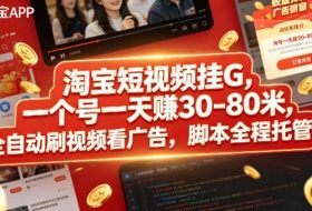 淘宝短视频挂G，一个号一天 賺30-80米，全自动刷视频看广告，脚本全程托管【揭秘】