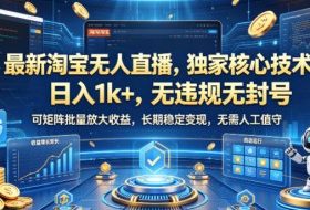 最新淘宝无人直播，独家核心技术，日入1k+，无违规无封号，可矩阵批量放大，长期稳定，无需人工值守【揭秘】