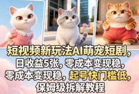 短视频新玩法AI萌宠短剧，日收益5张，零成本变现稳，起号快门槛低，保姆级拆解教程