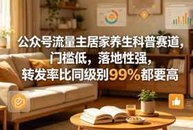 公众号流量主居家养生科普赛道，门槛低，落地性强，转发率比同级别99％都要高