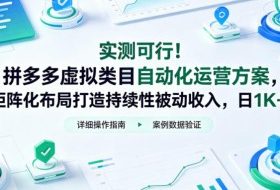 实测可行！拼多多虚拟类目自动化运营方案，矩阵化布局打造持续性被动收入，日1K+【揭秘】