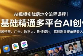 AI视频实战落地全流程课程｜零基础精通多平台AI创作，覆盖带货、广告、数字人、剧情短片，解锁副业接单新收入