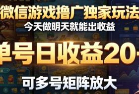 微信游戏撸广独家玩法，今天做明天就能出收益，单号日收益20+，可多号矩阵放大