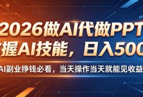 2026做AI代做PPT，掌握AI技能，日入500+，AI副业挣钱必看，当天操作当天就能见收益【揭秘】