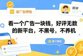 看一个广告一块钱，好评无数的新平台，不黑号，不养机，一撸几十块钱还是不错的【揭秘】