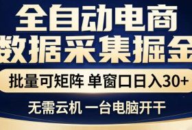 全自动电商数据采集掘金，批量可矩阵单窗口日入30+，无需云机一台电脑开干【揭秘】
