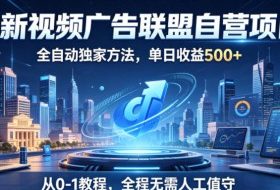 最新视频广告联盟自营项目，全自动独家方法，单日收益500+，从0-1教程，全程无需人工值守【揭秘】