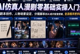 AI仿真人漫剧零基础实操入门课，从剧本创作、人物场景设定、分镜脚本到AI成片配音剪辑，全流程手把手教学