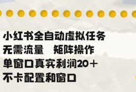 小红书全自动虚拟任务，矩阵操作无需流量，单窗口20+真实收益，不卡配置和窗口【揭秘】