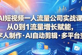AI短视频一人流量公司实战课,从0到1流量增长赋能,数字人制作・AI自动剪辑・多平台变现,一人做流量生意全落地教程