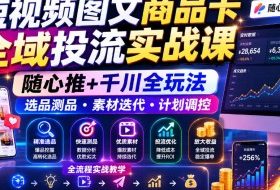 短视频图文商品卡全域投流实战课,随心推+千川全玩法,选品测品・素材迭代・计划调控,提升ROI爆单增收教程