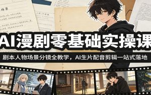 AI漫剧零基础实操课：剧本人物场景分镜全教学，AI生片配音剪辑一站式落地