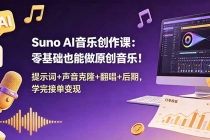 Suno AI音乐创作课：零基础也能做原创音乐！提示词+声音克隆+翻唱+后期，学完接单变现