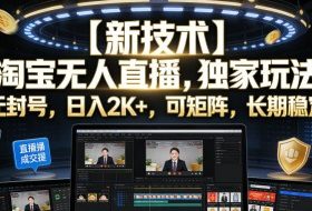 【新技术】淘宝无人直播，独家玩法，无封号，日入2K+，可矩阵，长期稳定【揭秘】