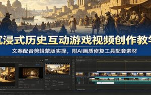 沉浸式历史互动游戏视频创作教学：文案配音剪辑蒙版实操，附AI画质修复工具配套素材