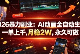 2026暴力副业：AI动画全自动生成，一单上千，月稳2W，永久可做【揭秘】
