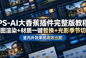 PS-AI大香蕉插件完整版教程，截图渲染+材质一键替换+光影季节切换，室内外效果图高效出图高阶课程