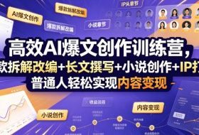 高效AI爆文创作训练营，爆款拆解改编+长文撰写+小说创作+IP打造，普通人轻松实现内容变现