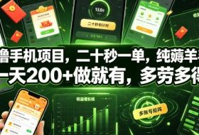 零撸手机项目，二十秒一单，纯薅羊毛，一天200+做就有，多劳多得【揭秘】