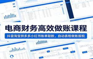 电商财务高效做账课程：抖音淘宝拼多多小红书账单取数，自动表格做账报税