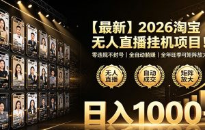 最新2026淘宝无人直播挂机项目！零违规不封号，全自动躺赚，日入1000+