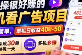 实操很好賺的手机看广告项目，操作简单，单机日收益400-50，保底30单机一天，多机多賺【揭秘】