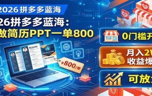 2026拼多多蓝海:AI做简历PPT一单800,0门槛开店,月入2W+,可放大