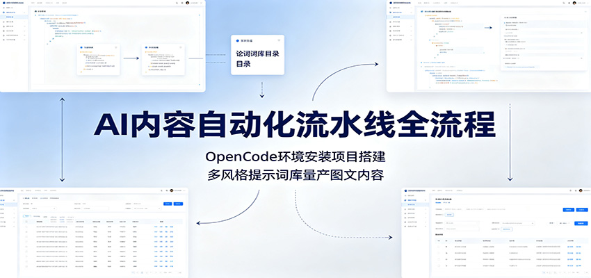 AI内容自动化流水线全流程:OpenCode环境安装项目搭建,多风格提示词库量产图文内容 AI内容自动化流水线全流程:OpenCode环境安装项目搭建,多风格提示词库量产图文内容