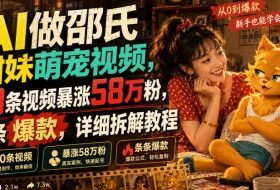 AI做邵氏甜妹萌宠视频，30条视频暴涨58万粉，条条爆款，详细拆解教程
