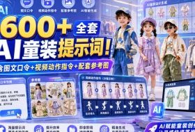 600+全套AI童装提示词！含图文口令+视频动作指令+配套参考图，Word-Excel规整分类，童装电商、种草无脑量产内容！