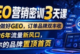 GEO营销密训3天课,老板做好GEO,订单品牌双丰收,2026年流量新风口,让你的品牌置顶首页
