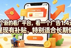 一个新的看广平台，看一个广告1.4元，提现有补贴，特别适合长期做【揭秘】