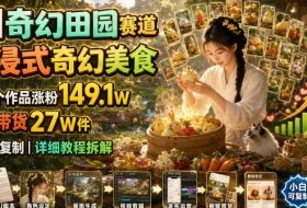 AI奇幻田园赛道,沉浸式奇幻美食,20个作品涨粉149.1W,橱窗带货27W件,小白可复制,详细教程拆解