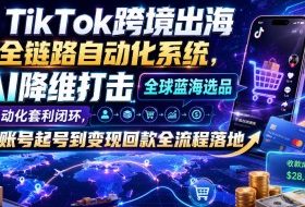 TikTok跨境出海全链路自动化系统,AI降维打击全球蓝海选品自动化套利闭环,从账号起号到变现回款全流程落地(2026年7月)