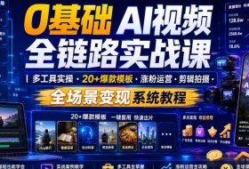 0基础AI视频全链路实战课|多工具实操・20+爆款模板・涨粉运营・剪辑拍摄・全场景变现系统教程