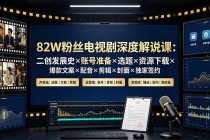 82W粉丝电视剧深度解说课：二创发展史×账号准备×选题×资源下载×爆款文案×配音×剪辑×封面×独家签约