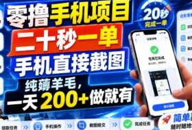 零撸手机项目，二十秒一单，手机直接截图，纯薅羊毛，一天200+做就有【揭秘】