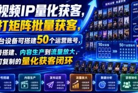 短视频IP量化获客，主打矩阵批量获客，10台设备可搭建50个运营账号，从账号搭建、内容生产到流量放大，形成可复制的量化获客闭环