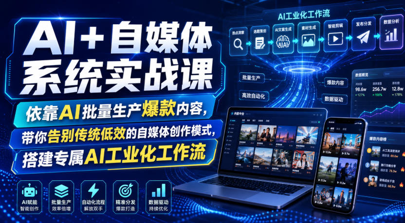 AI+自媒体系统实战课，依靠AI批量生产爆款内容，带你告别传统低效的自媒体创作模式，搭建专属AI工业化工作流